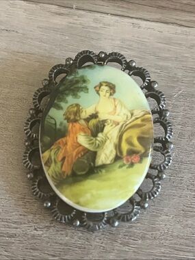 Vintage Porcelain pin pendant hand painted Courting Couple Cameo Brooch oval